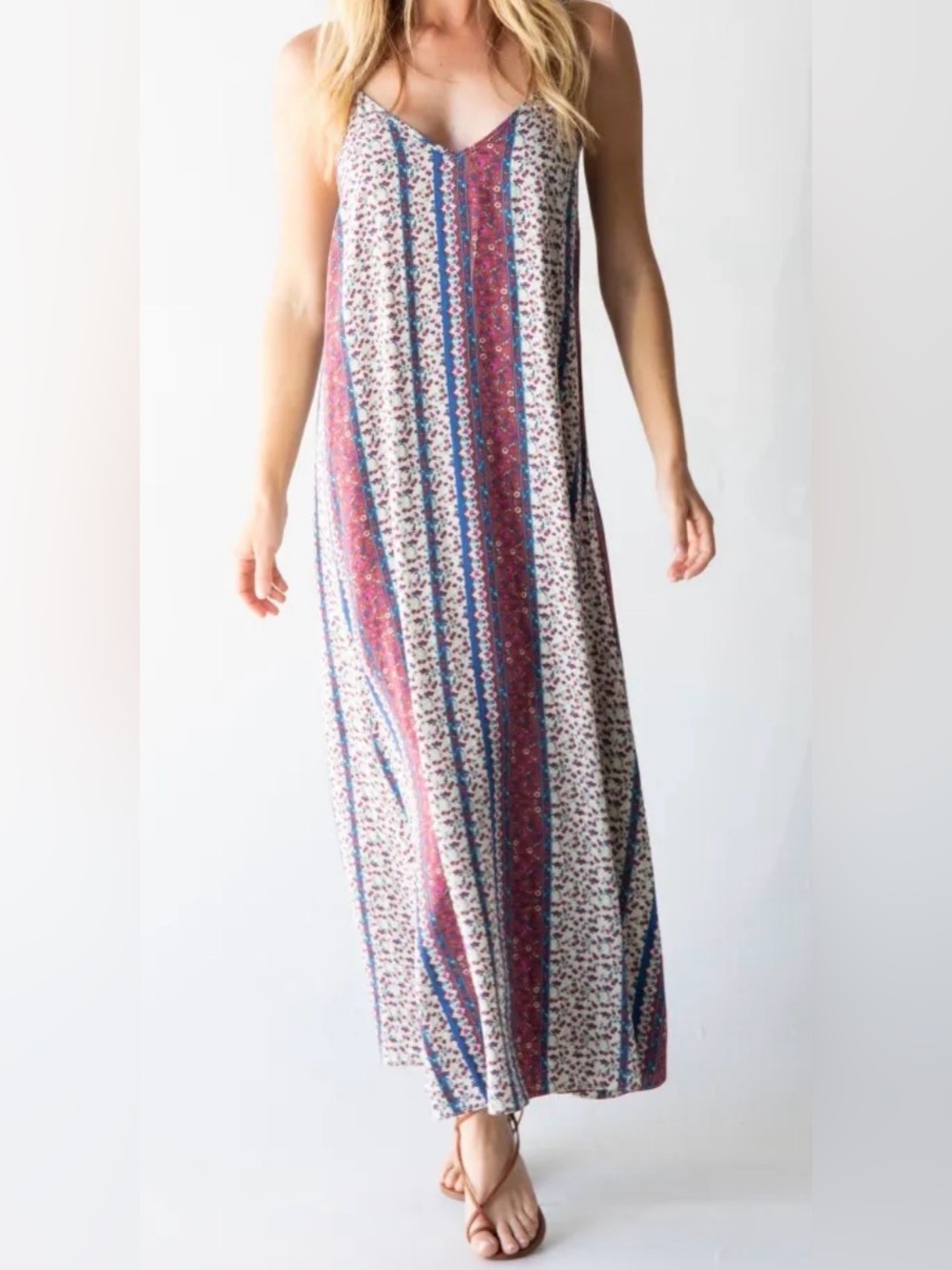 Natural Life Gracie Dress Tan Floral Stripe Sz Small